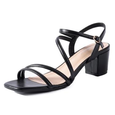 Imagem de N.N.G Sandálias femininas de salto alto, preto, elegante, grosso, baixo bloco de tiras, confortável, verão, quadrado, bico aberto, casamento, casual, couro, festa, moda férias, Preto/5 cm com tiras,