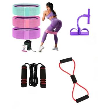 Imagem de KIT CASEIRO PARA EXERCÍCIOS, CONTENDO: 03 FAIXAS, 01 FAIXA ELASTICA, 01 EXTENSOR E 01 CORDA. (CAT 106)