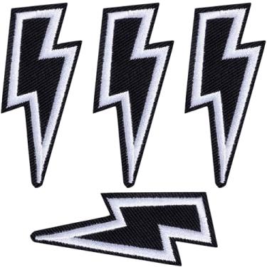 Imagem de BEIQIYA 4 peças Lightning Bolt Iron on Patch, bordado Lightning Bolt, Flash Thunderbolt costurado em apliques acessórios para chapéus, roupas, bolsas, jaquetas, sapatos - preto e branco