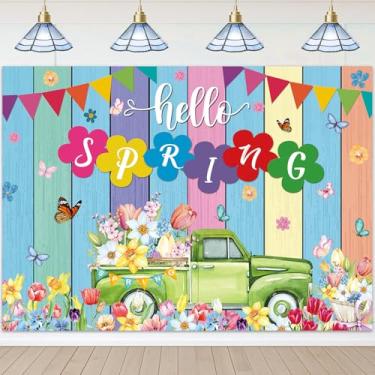Imagem de Hello Spring Banner Pano de fundo 20 x 1,8 m Primavera Caminhão Tulipas Flores Coloridas Madeira Fotografia Fundo Primavera Decorações de Festa de Páscoa Adereços de Foto
