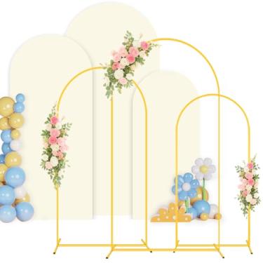 Imagem de Conjunto de 3 suportes e capas de arco de casamento de 1,8 m, 1,5 m, 1,5 m, conjunto de 3 com arco de marfim e elastano e arco de balão para decoração de festa de aniversário, chá de bebê, banquete