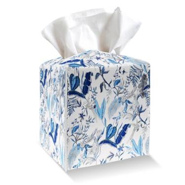 Imagem de Suporte de capa de caixa de lenços - flor azul e pássaro capa de caixa de lenços de couro PU com cinto inferior, organizador de papel facial quadrado vintage para mesa, banheiro, cozinha, carro e