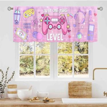 Imagem de TKUYO Cortinas para jogos, rosa, crianças, meninos, meninas, controle de videogame, gamepad, bolso para varão, pequeno, cortinas de janela curta para cozinha, café, sala de estar, quarto, sala de