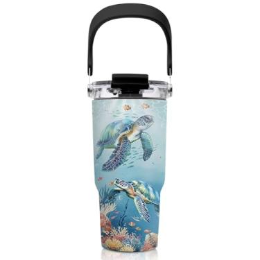 Imagem de Copos de tartaruga de 590 ml - Copo de tartaruga marinha com cabo de palha, à prova de vazamento, livre de BPA, isolamento de parede dupla, presentes de tartarugas para amantes de gatos, copo de café