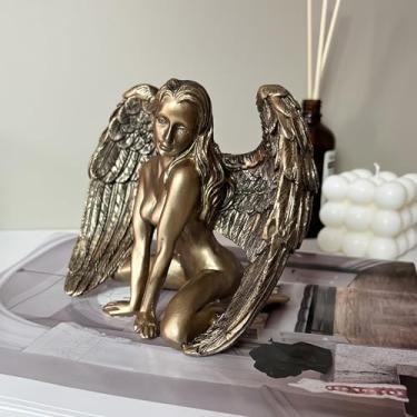 Imagem de Stylitzy Estátua de deusa de asa de resina arte escultura feminina ornamentos de mesa, sala de estar, mesa de jantar, decorações estéticas, presente de inauguração de casa, bronze