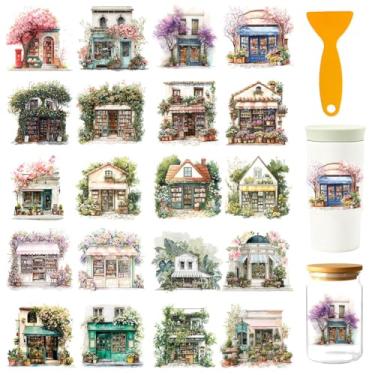 Imagem de GOMAKERER 32 peças de envoltórios de copo Cozy Tree Shop UV DTF para vidro de 473 ml, adesivos de transferência UV DTF de 11 x 23 cm para casa aconchegante, decalques de transferência à prova d'água