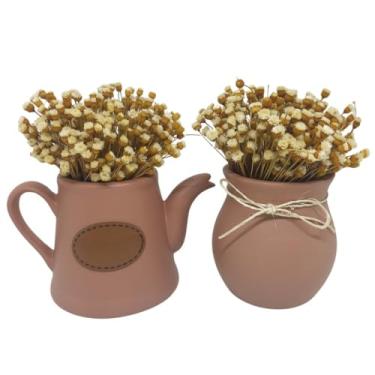 Imagem de vaso e bule decorativo com flores secas decoração de casa sala e escritorio(MOCHA M.)