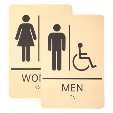 Imagem de PATIKIL Placa de banheiro com 2 peças, 22 x 15 cm, feminino, masculino, unissex, braille, braille, banheiro, com braille, para decoração de parede de banheiro, porta de escritório, dourado e preto