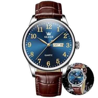 Imagem de OLEVS Relógios masculinos com pulseira de couro, relógio de couro, clássico, vestido clássico, para homens, à prova d'água, clássico, quartzo, analógico, casual, minimalista, simples, relógio de pulso