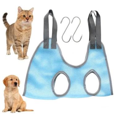 Imagem de Bolsa de retenção de rede para cuidados com animais de estimação com alças ajustáveis, tecido Oxford de malha azul, para gatos e cães, aparar unhas, limpeza de banho, design antiarranhões com ganchos