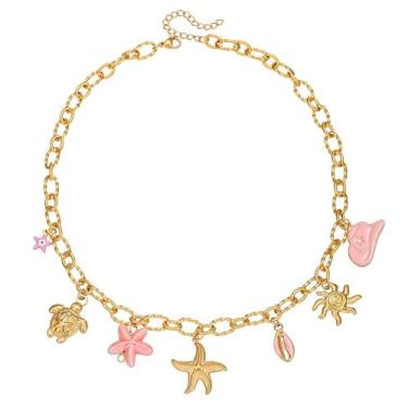 Imagem de Colar com pingente de sol, estrela-do-mar, pérola, coração, tartaruga, sol, dopamina, aço inoxidável, clavícula, joia banhada a ouro