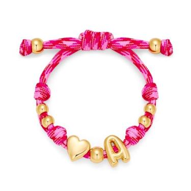 Imagem de WOWORAMA Pulseira feminina de corda rosa com pingente de bolha letra A com pingente coração nó amor pulseira da amizade joias modernas para casais A