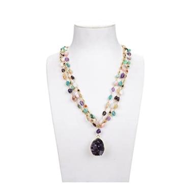 Imagem de DWBPGVUN Colar de corrente de rosário com várias pedras semipreciosas, pingente de ametista drusa