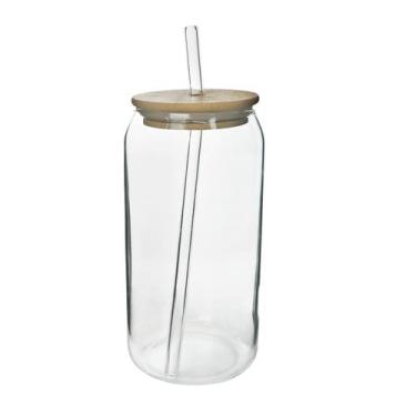 Imagem de Copo redondo de vidro com canudo e tampa de bambu 600ml - Importado