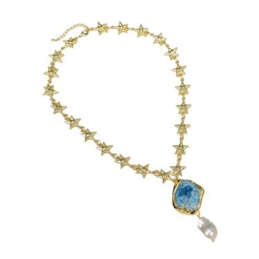 Imagem de DWBPGVUN 48 cm Branco Barroco Pérola Azul Apatita Borda Dourada Pingente Banhado a Ouro Corrente Moda Gargantilha Colar Presentes Femininos
