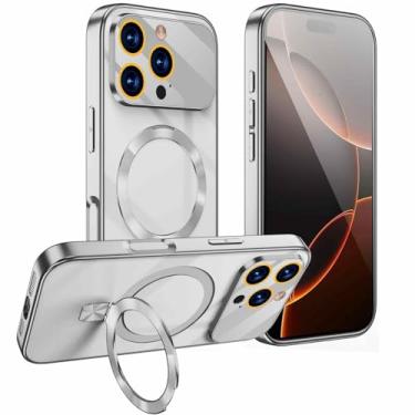 Imagem de HUHUCASE Capa de celular para iPhone 13/14/15/16/17 Pro Max, com suporte magnético para janela grande e proteção antiqueda de vidro temperado (iPhone13 Pro, prata)