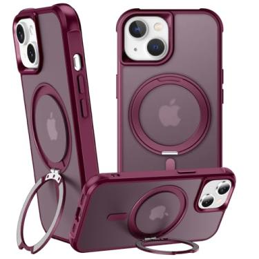 Imagem de ZHOGTNEG Anel giratório magnético de 360° para iPhone 14 Plus, suporte de metal embutido e suporte de anel, compatível com Magsafe, proteção de nível militar, resistente a choques e vibrações - vinho