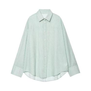 Imagem de Camisa Casual Listrada De Verão Feminina De Manga Longa Com Botões E C