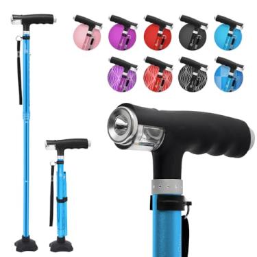 Imagem de BeneCane Bengala para mulheres, bengala dobrável para homens com duas luzes de LED, quadriciclo com base estável, bastão leve e ajustável (azul)