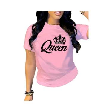 Imagem de Camiseta Feminina De Manga Curta Com Estampa De Letras E Coroa, Gola R