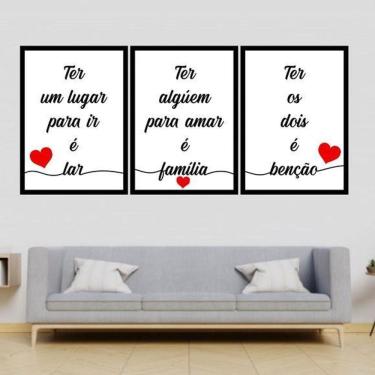 Imagem de Kit 3 Quadros Lar, Família, Benção Branco 45X34Cm Preta
