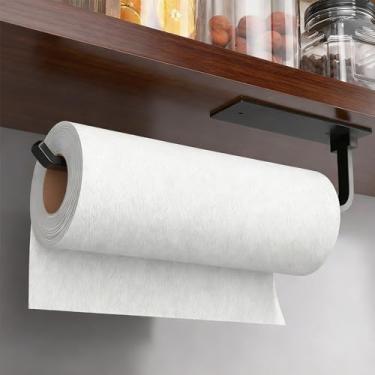 Imagem de Suporte de toalha de papel de alumínio atualizado sob o armário, instalação autoadesiva ou furadeira - Dispensador de rolo de cozinha preto fosco, toalheiro e suporte de alumínio