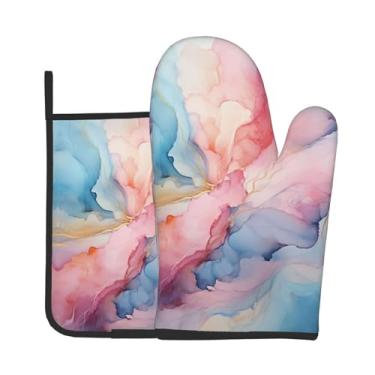 Imagem de Conjunto de 2 peças de luvas de forno impressas em marmoreio azul e rosa, adequado para cozinhar, assar e grelhar ao ar livre