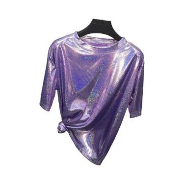 Imagem de Camiseta Feminina De Seda Brilhante Com Manga Curta Solta, Estilo Retr