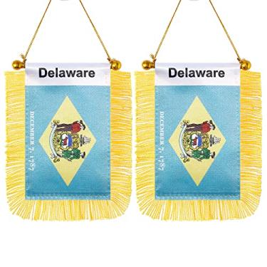 Imagem de CANTENDO Pacote com 2 bandeiras americanas de Delaware para pendurar janela, mini bandeira de carro do estado de Delaware dos EUA com haste borla ventosa decoração de espelho retrovisor (7 x 12 cm)