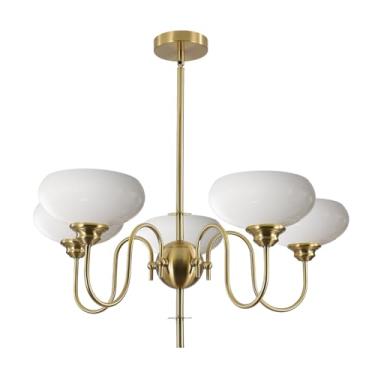 Imagem de BOKT Lustre moderno para sala de estar, lustre dourado de meados do século para sala de jantar, lustres vintage de globo de vidro de leite para diferentes tetos