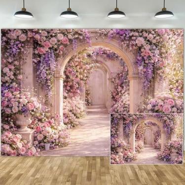 Imagem de Fundo floral de floresta encantada de 2,1 x 1,5 m, fundo fotográfico de arco de rosas roxas e rosa, cenário de arquitetura de castelo elegante para recepção de casamento, noivado, festa de aniversário