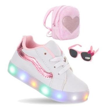 Imagem de Conjunto Tenis de Menina com Luzinha Led Branco mais Bolsa e Óculos-Feminino