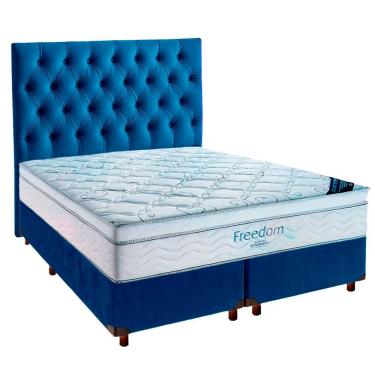 Imagem de Cama Box Azul + Colchão Queen Freedom Ortobom + Cabeceira