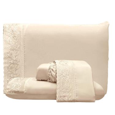 Imagem de Jogo De Lençol Dunna Queen 4 Peças Percal 300 Fios Bordado Inglês Macio - Pérola - 100% Poliéster
