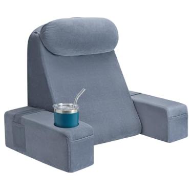 Imagem de AS AWESLING Travesseiro de leitura para adultos, travesseiro de costas para sentar na cama, encosto para sentar na cama, braços destacáveis com copo embutido e suporte de telefone (cinza, 48 cm)
