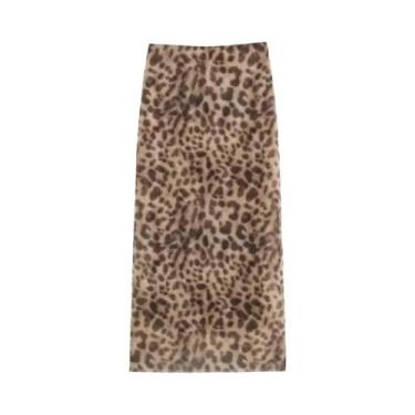 Imagem de Saia Midi De Tule Com Estampa De Leopardo Para Mulheres, Cintura Alta,