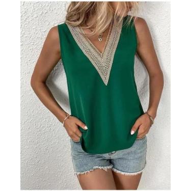Imagem de Blusa Feminina Soltinha Sem Mangas - Decote V em Renda Pergaminho - Ve