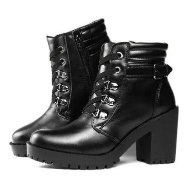 Imagem de Bota Coturno Feminina Tratorada Cano Curto Preta Com Ziper Lateral - s