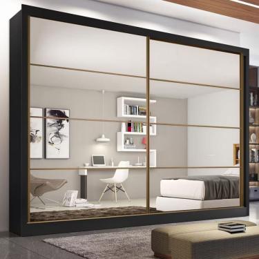 Imagem de Guarda Roupa Casal Sevilha 2 Portas de Correr 6 Gavetas MDF com Espelho Preto com Branco Made Marcs