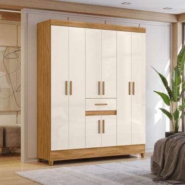 Imagem de Guarda Roupa Casal Steven 8 Portas 1 Gaveta MDP com Espelho Castanho Wood Freijó Off Wh...