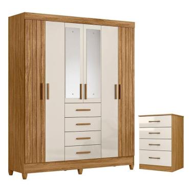 Imagem de Guarda Roupa Solteiro Aruba MS913 6 Portas 4 Gavetas MDP-MDF com Espelho Freijó Off White Brilho Moval Móveis