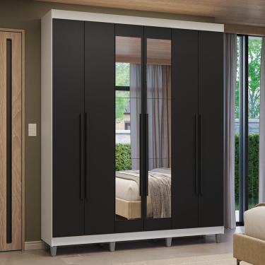 Imagem de Guarda Roupa Casal Venus 6 Portas Batentes 4 Gavetas MDP com Espelho Branco-Preto-Preto...