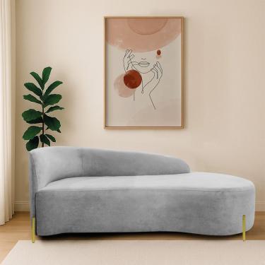 Imagem de Divã Recamier Orgânico França 140cm Lado Dir Pés Metal Dourado Linho Cinza Claro
