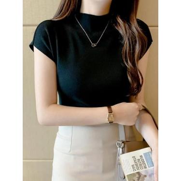 Imagem de Camisetas Femininas De Verão Em Tricô Com Gola Alta, Sem Mangas, Ajust