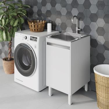 Imagem de Tanque de Lavanderia Inox 30 L com Gabinete MDF 44 cm Branco Fosco, co