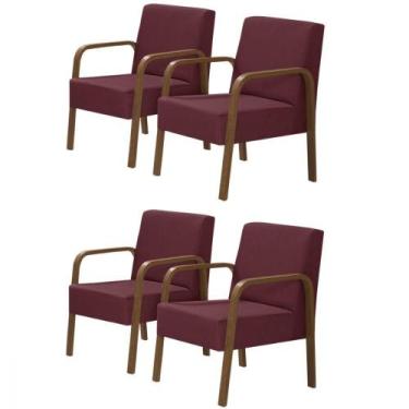 Imagem de Kit 4 Poltronas 1 Lugar Jade Pé Madeira D Salla Suede Bordô