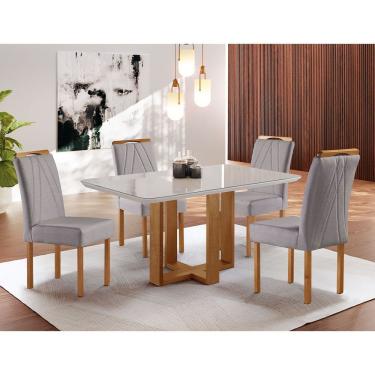 Imagem de Conjunto de Jantar Londes 4 Lugares Tampo em MDF com Cadeiras Estofadas em Linho Mel 12...