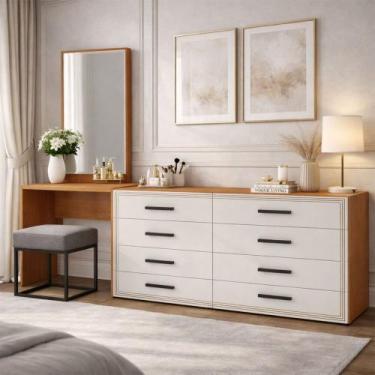 Imagem de Cômoda Valência 8 Gavetas com Espelho Creme/Freijó - Politorno, Bege