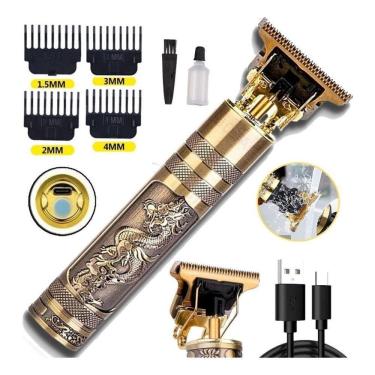 Imagem de Aparador de Pelos T9 Profissional para Cabelo e Barba Lâmina Titânio Bivolt sem Fio Dourado 110V
