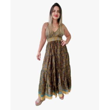 Imagem de Vestido Longo Indiano Estampado Alça c/ Regulagem Toque de Seda-Cod.LD